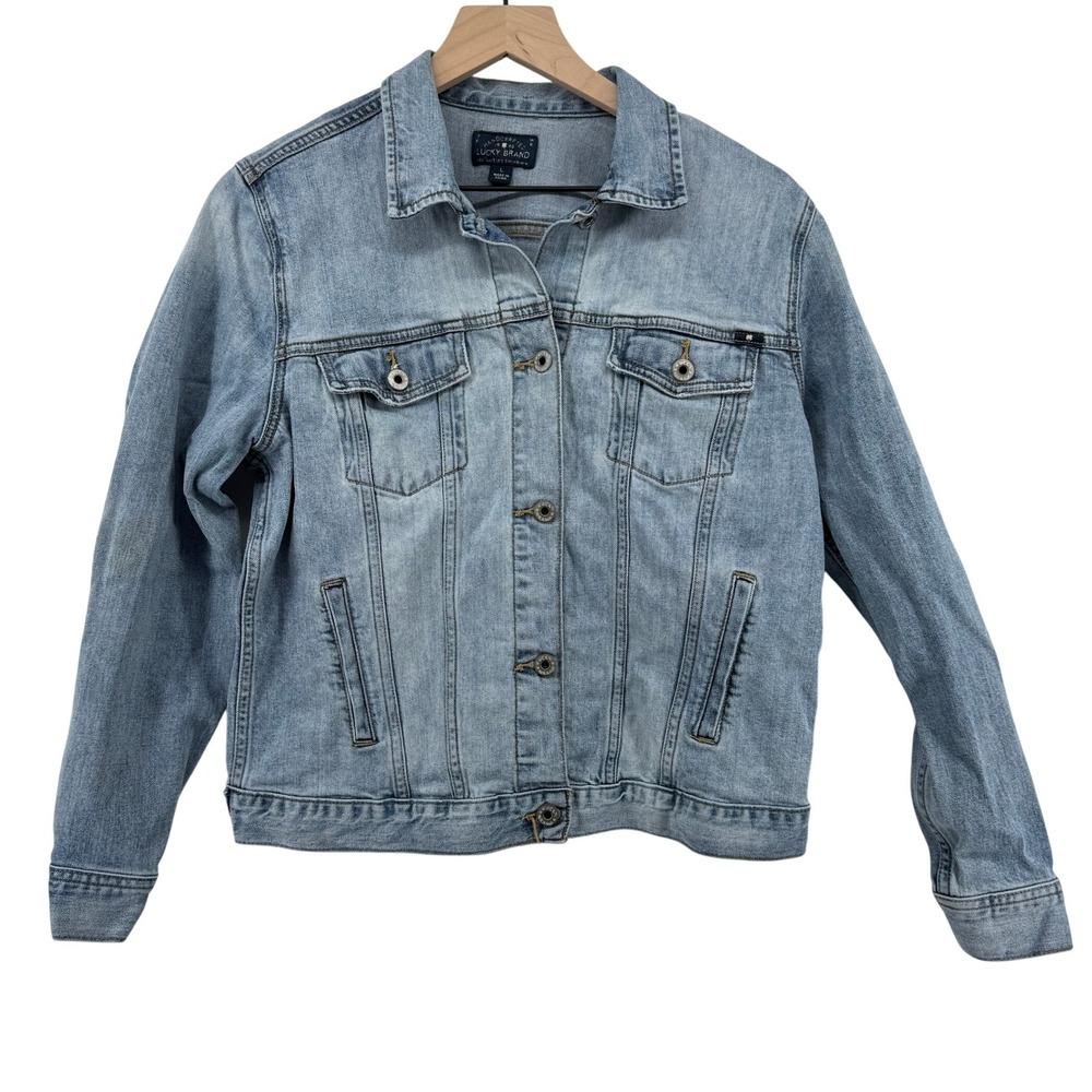 Lucky Brand Tomboy Denim Trucker Jean Jacket Light Blue Wash Women L Pockets
